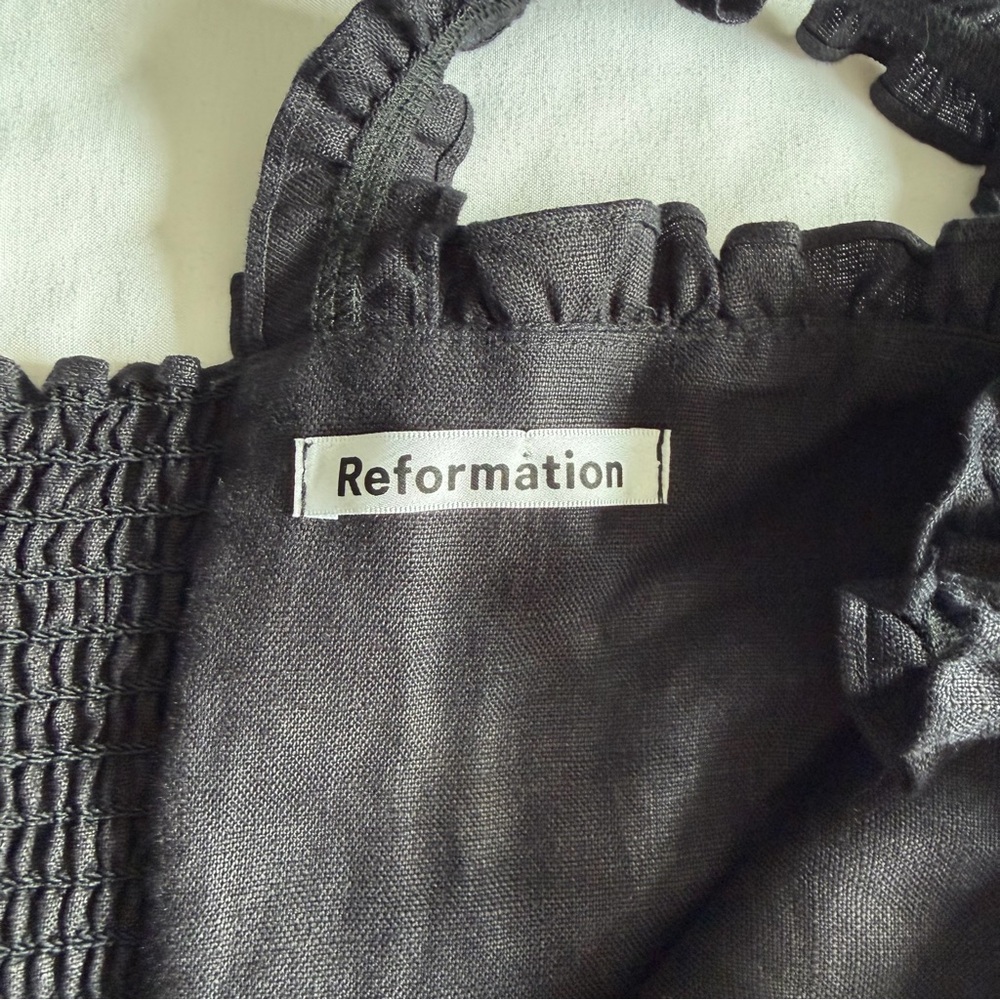 Reformation "Hyla" 100% Linen Black Sleeveless Ruffle-Trim Tiered Midi Dress - Picture 11 of 14